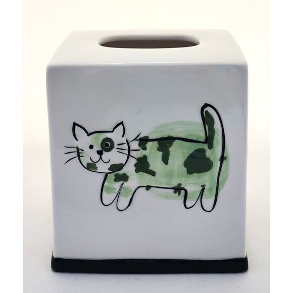 TISSUE HOLDER-JENNY FAW-Ceramic-Embossed-4 Sided Design-White-Unique-Any Room - Picture 6 of 13